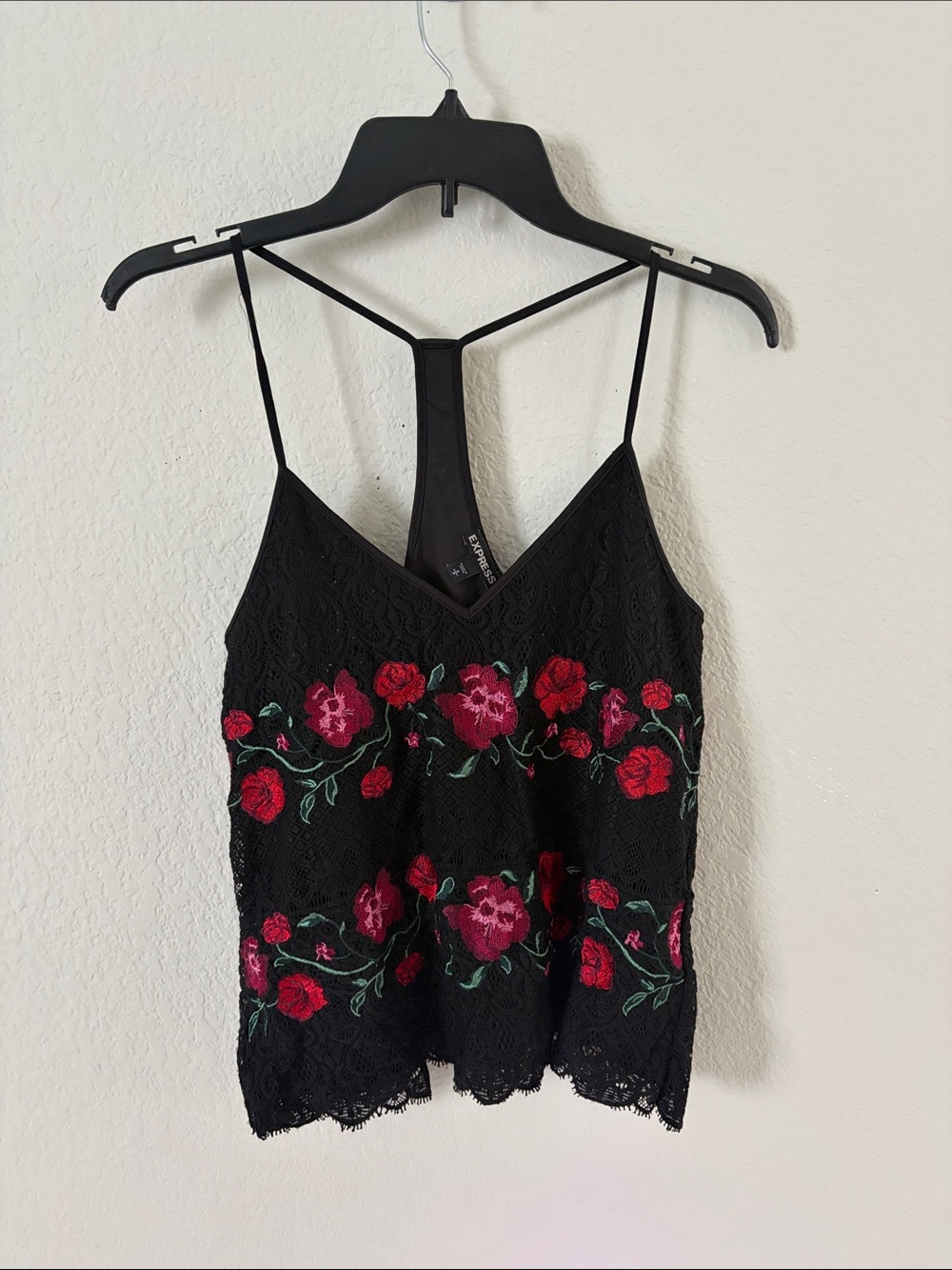 Express Black Lace Camisole with Red & Pink Floral Embroidery